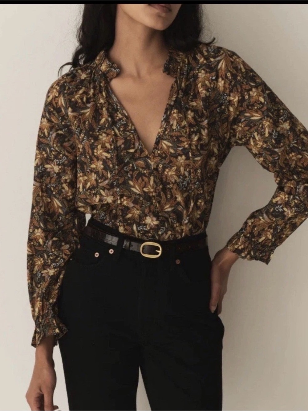 Doen Women's Juna Top In Noir Narcissus Floral Ruffle Cotton Blouse Tunic Top S